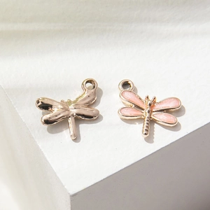 Colorful dragonfly pendant charms in gold and pink enamel for jewelry making