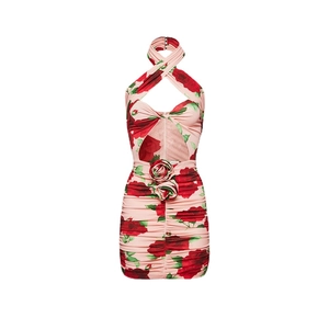 Pink floral halter neck dress with cutout waist and 3D rose detail in a slim bodycon fit