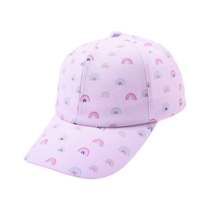 Close-up of pink children's sun hat featuring vibrant rainbow prints and breathable cotton