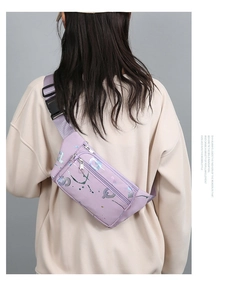Rear view of purple oxford fanny pack with splash print and adjustable wide strap