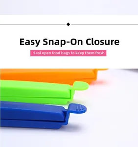 Detailed view of colorful plastic food bag clips with a secure snap closure mechanism