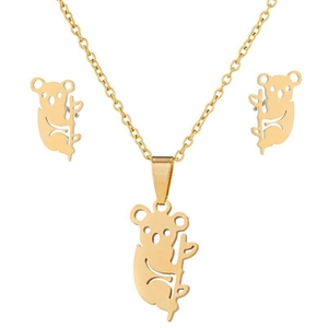 Detail of gold koala jewelry set including hollow necklace pendant and matching stud earrings