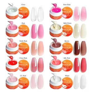 Macro view showing 10 shades of professional acrylic nail gel with glossy and matte finishes