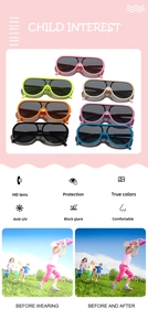 Infographic showing seven colorful children's oversized aviator sunglasses with UV protection