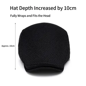 Black mesh newsboy hat with 10cm deep crown and breathable hollow mesh structure