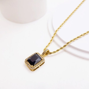 18K gold plated stainless steel rope chain necklace with square black zircon pendant