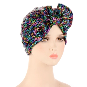 Colorful sequined turban cap with bow for women, stylish sparkling headwrap for party events