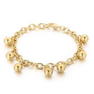 Minimalist gold titanium steel chain bracelet featuring seven polished bead pendants