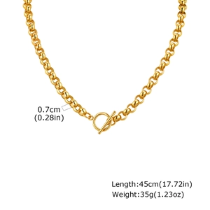 Detail showing gold stainless steel OT buckle necklace with dimensions 45cm length and 0.7cm width