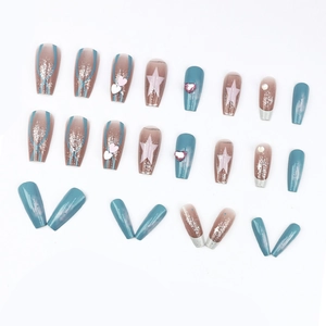 Long coffin press-on nails with blue-pink gradient, silver glitter, and heart star rhinestones