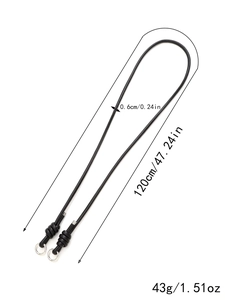 Detail showing 120cm black phone lanyard dimensions with silver metal ring and clip