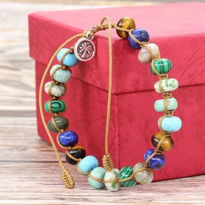Handmade braided multi-color natural stone bracelet with a silver coconut tree charm