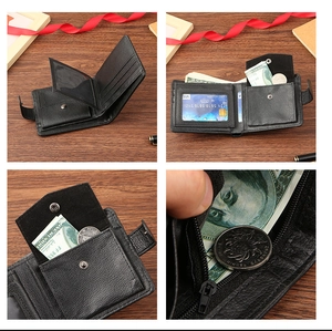 Detail view of the multi-functional interior compartments of the black PU leather wallet