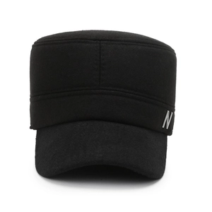 Black wool cadet cap for men featuring a metallic N logo and warm winter lining