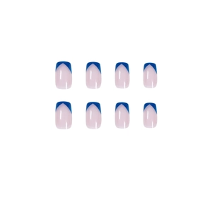 French V-tip press-on nails in Klein blue and nude pink with a glossy square finish