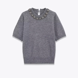 Pull En Tricot Femme Élégant Manches Courtes Col Perlé Décoration Strass Col Rond Gris Haut