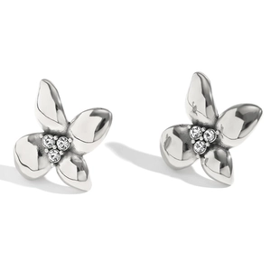 Silver flower stud earrings featuring clear zircon stones in a polished metal finish