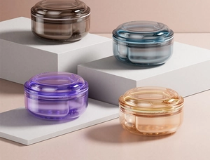 Detailed view of translucent dental retainer cases in amber, blue, brown, and purple