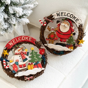 Christmas Welcome Door Sign Wooden Rattan Wreath Ornament Santa Snowman Reindeer Festive Home Wall Hanging Decoration Retro