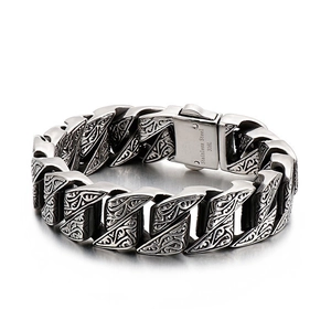 Vintage chunky Cuban chain bracelet with engraved floral patterns in 316L stainless steel