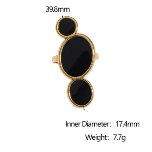 Bague ouverte minimaliste plaquée or 18 carats avec trois charmes ovales en émail noir