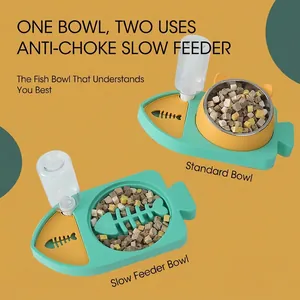 Distributeur 3-en-1 pour chat en forme de poisson avec bol anti-glouton et abreuvoir