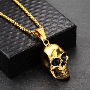 Retro punk style stainless steel skull pendant necklace in gold finish on black gift box