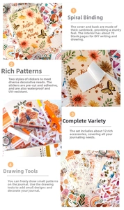 Detail of DIY journal set with floral notebook, stickers and 12 creative accessories