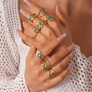 Bagues Ouvertes Géométriques Pour Femmes Acier Inoxydable Zircon Bleu Double Couche Texturé Réglable Bijoux Plaqué Or