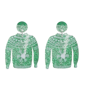 Detailed view of green glitter sweater earrings with white snowflake patterns