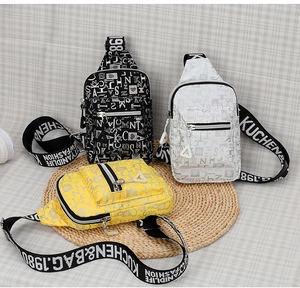 Detailed view of casual letter print chest bags in black, white, and yellow canvas colors