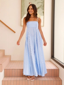 Striped Camisole Maxi Dress Polyester Spandex A-Line Backless High Waist Summer Vacation Style For Women