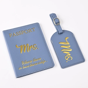 Blue PU leather passport cover and luggage tag set with Mrs. gold foil stamping