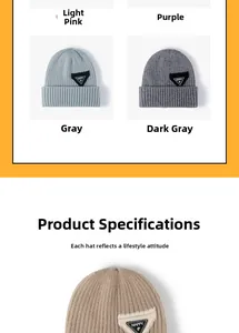 Detail showing knit beanie color options in pink, purple, and gray with HAPPY patch