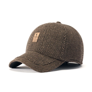 Men's winter wool baseball cap with thermal lining and brown leather patch detail