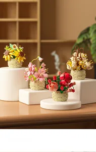 Detailed view of artificial flower building block sets in woven texture baskets