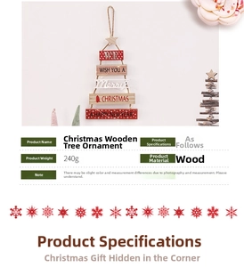 Detail view of wooden Christmas tree pendant with holiday greetings and 240g weight info