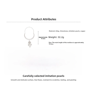Detail showing faux pearl tassel necklace specifications, 19.5cm length and alloy material