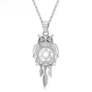 Detailed close-up of S925 silver owl pendant with blue crystal eyes and feather tassels