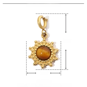 Detail view of gold stainless steel sun pendant with natural stone and 20mm measurements
