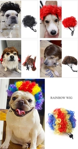 Close-up of colorful pet wigs for dogs showing the adjustable strap and fiber texture