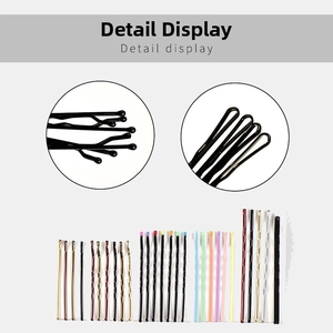 Detail display of metal bobby pins and U-shaped hair clips in various colors and styles