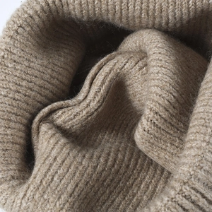 Women's warm wool knit beanie with thick double-fold cuff in khaki rib texture