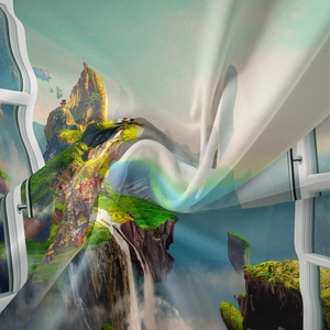 Detailed view of the 3D printed landscape tapestry with textured fabric folds