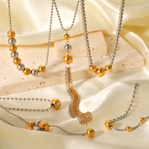 Dual Tone Stainless Steel Y-Shaped Bead Necklace With Long Tassel Pendant Elegant Minimalist Clavicle Chain Jewelry For Women
