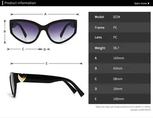 Detailed size chart for butterfly sunglasses with frame and lens dimensions in millimeters