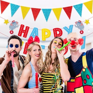 Glitter circus birthday party banner with colorful bunting and cartoon elephant decorations