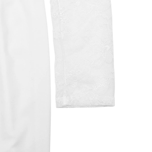 Close-up of white lace sleeve detailing with floral patterns and ribbed cuff on dress