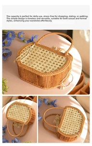 Detailed close-up of handmade woven basket bag featuring retro cane webbing and drawstring