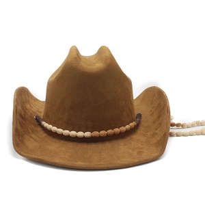 Detail of a dark brown suede cowboy hat with a natural wooden beaded decorative band